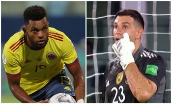 ‘Dibu’ Martínez increpó a Miguel Borja luego de una jugada en el partido entre Colombia y Argentina. Fotos: REUTERS (Amanda Perobelli) / captura de pantalla