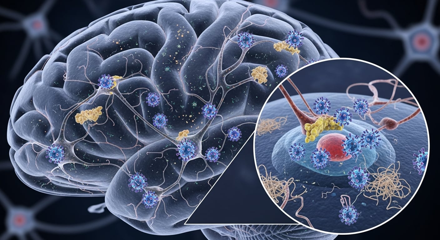 La ilustración médica señala la interacción de los herpesvirus con neuronas y placas en el cerebro, un proceso que puede acelerar la progresión del Alzheimer. (Imagen Ilustrativa Infobae)