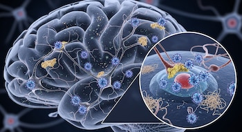 Ilustración de un cerebro con neuronas, virus azules y cúmulos amarillos. Un círculo muestra el acercamiento de neuronas, virus y cúmulos.