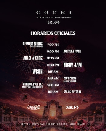 La organización confirmó horarios oficiales: apertura de puertas a las 7:00 p. m. y apertura del stage a las 9:00 p. m.