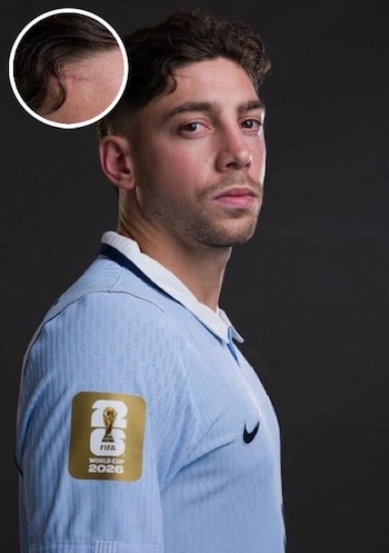 Primer plano de un hombre con pelo oscuro, camiseta azul claro con logo del Mundial 2026 en manga, y una cicatriz rojiza prominente en su frente
