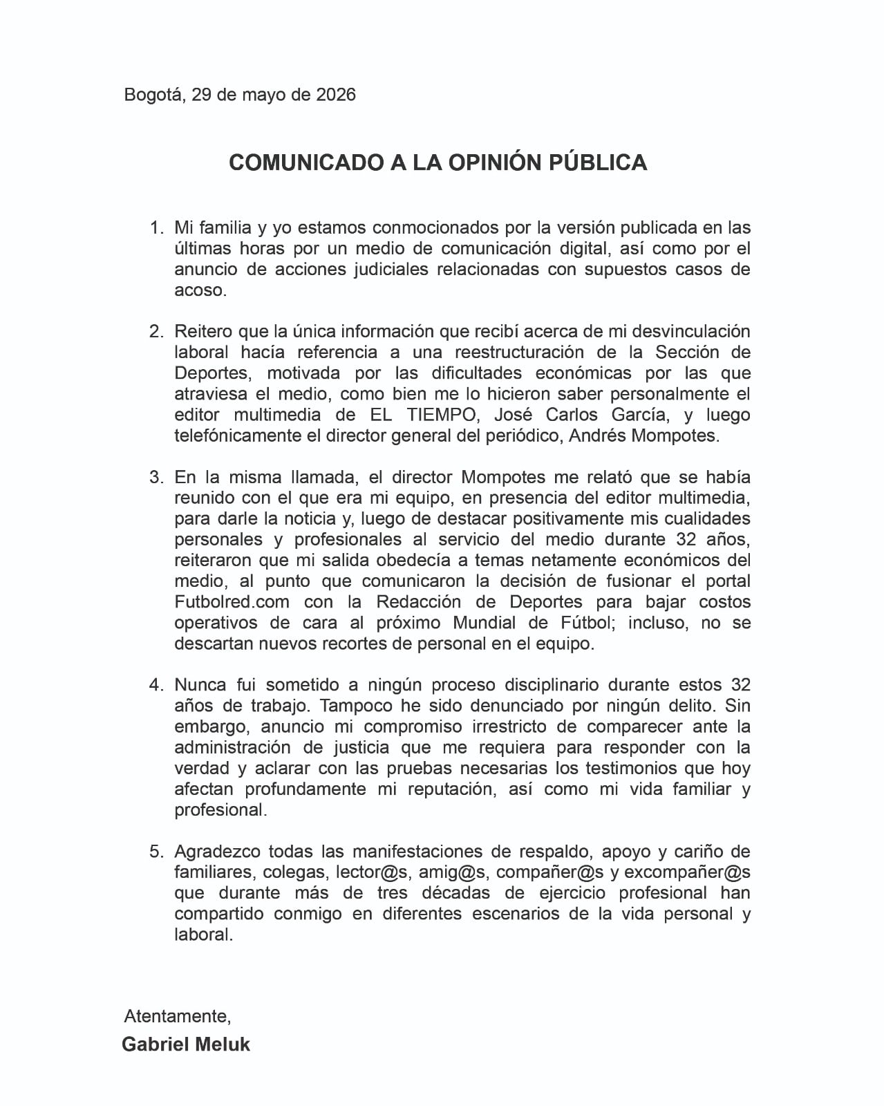 Gabriel Meluk, periodista deportivo que hasta el 28 de mayo de 2026, era el editor de la sección de deportes de El Tiempo, se pronunció luego de que fuera señalado por presunto acoso sexual dentro de la compañía - crédito @MelukLeCuenta/X