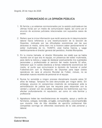 Gabriel Meluk, periodista deportivo que hasta el 28 de mayo de 2026, era el editor de la sección de deportes de El Tiempo, se pronunció luego de que fuera señalado por presunto acoso sexual dentro de la compañía - crédito @MelukLeCuenta/X