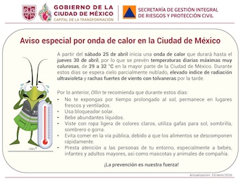 Póster con logos del Gobierno de CDMX y Protección Civil, con un personaje de caricatura (Ollin) sudando junto a un termómetro, y texto sobre una alerta de onda de calor