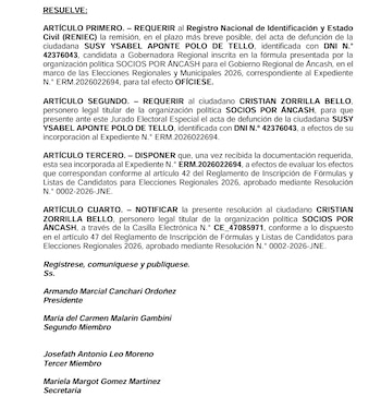 Texto impreso de una resolución oficial articulada con las firmas de autoridades al final del folio