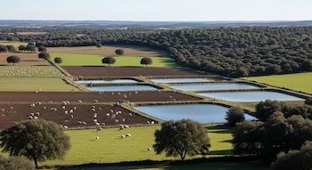 Vista panorámica de una finca con campos verdes y marrones, ovejas, cinco estanques de agua y zonas arboladas con encinas y robles bajo el cielo claro.