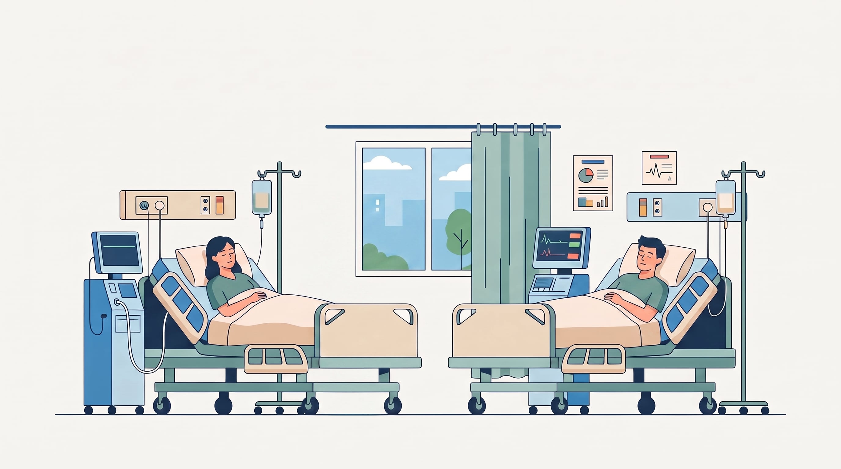 Dos pacientes descansan conectados a equipos médicos de monitoreo y suero intravenoso en una sala hospitalaria. (Imagen Ilustrativa Infobae)