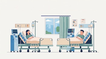 Ilustración de un hombre y una mujer acostados en camas de hospital con goteros intravenosos y monitores constantes.