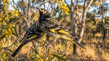 Dos aves de plumaje negro y amarillo están posadas en ramas con pequeñas flores amarillas frente a un fondo arbolado.