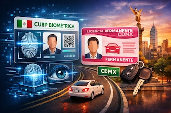 Ilustración conceptual con una tarjeta de CURP Biométrico y una licencia permanente de CDMX, huellas dactilares, un ojo, un auto blanco, llaves y el Ángel de la Independencia.