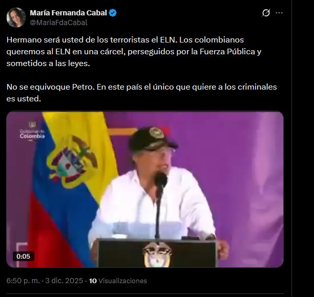 La senadora de la República por el Centro Democrático sostuvo que el primer mandatario es el único que considera a los criminales - crédito @MariaFdaCabal/X