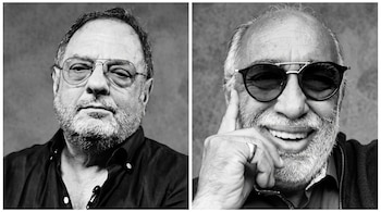 Dos retratos en blanco y negro: un hombre con barba y anteojos finos a la izquierda y otro sonriente con anteojos oscuros a la derecha.