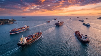 Varios buques de carga y petroleros en el mar, bajo un cielo anaranjado con nubes, cerca de una costa con un faro blanco.