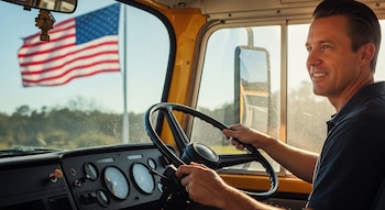 Hombre sonriente conduciendo un colectivo amarillo con la bandera de Estados Unidos visible a través del parabrisas delantero. Se ven manos en el volante.