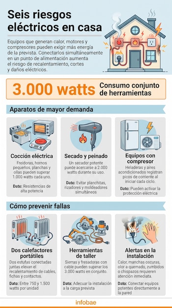 Infografía titulada Seis riesgos eléctricos en casa con ilustraciones de electrodomésticos, cables, tomacorrientes y el logotipo de Infobae.