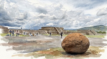 Pintura en acuarela de las ruinas de Teotihuacán, mostrando pirámides y figuras humanas, con una gran esfera marrón de textura rugosa en primer plano.