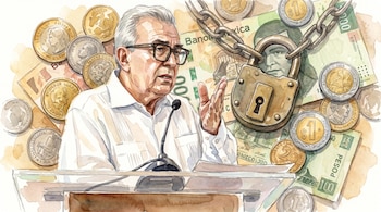 Ilustración en acuarela de Rubén Rocha Moya, un hombre canoso con gafas, hablando en un podio. Detrás, billetes de pesos mexicanos, monedas, un candado y una cadena.