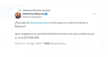 Katherine Miranda cuestionó el silencio del presidente Petro frente a lo que ella considera una dictadura en Venezuela - crédito @MirandaBogota/X