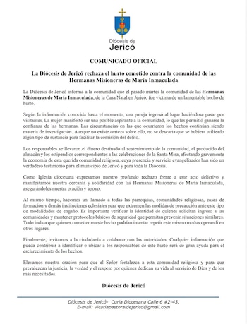 La Diócesis de Jericó informó que una pareja ingresó como visitante a la casa natal de Santa Laura Montoya para cometer el hurto - crédito Diócesis Jericó/Facebook