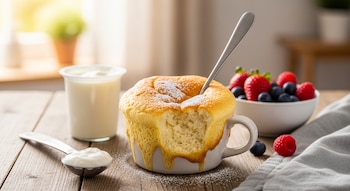 Bizcocho de yogur esponjoso en una taza con una cuchara, espolvoreado con azúcar glas, junto a un yogur, un bol de fresas y arándanos en una mesa de madera.