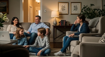 Familia de cinco personas, dos adultos y tres niños, en una sala de estar moderna; un niño usa un portátil, mientras los demás conversan en un ambiente hogareño.