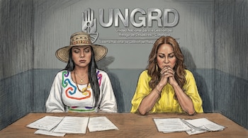 Ilustración de dos mujeres sentadas frente a una mesa con papeles; la de la izquierda lleva un sombrero y vestimenta tradicional, la de la derecha una blusa amarilla. Detrás, el logo de UNGRD.