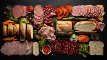 Variedad de fiambres y quesos dispuestos en una mesa junto a otros ingredientes frescos, listos para ser utilizados en la preparación de un delicioso sandwich. Una experiencia gastronómica tentadora. (Imagen ilustrativa Infobae)
