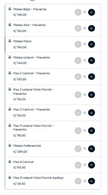 Una captura de pantalla móvil que muestra una lista de categorías de entradas y sus precios en soles, con opciones para seleccionar la cantidad de boletos