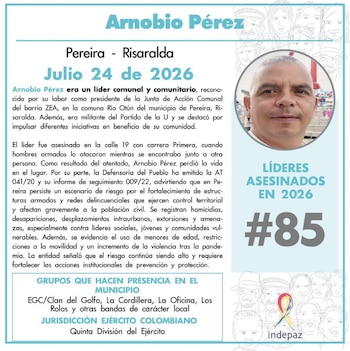 Asesinaron a Arnobio Pérez, presidente de Junta de Acción Comunal de Pereira - crédito @Indepaz/X