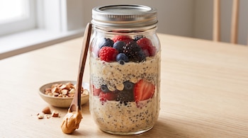 Frasco de vidrio transparente con avena, semillas de chía y frutos rojos, una cuchara de madera con crema de cacahuate y un cuenco con almendras picadas.