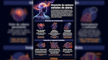 Cartel informativo con seis recuadros explicativos sobre síntomas físicos y acciones de emergencia frente al monóxido de carbono.
