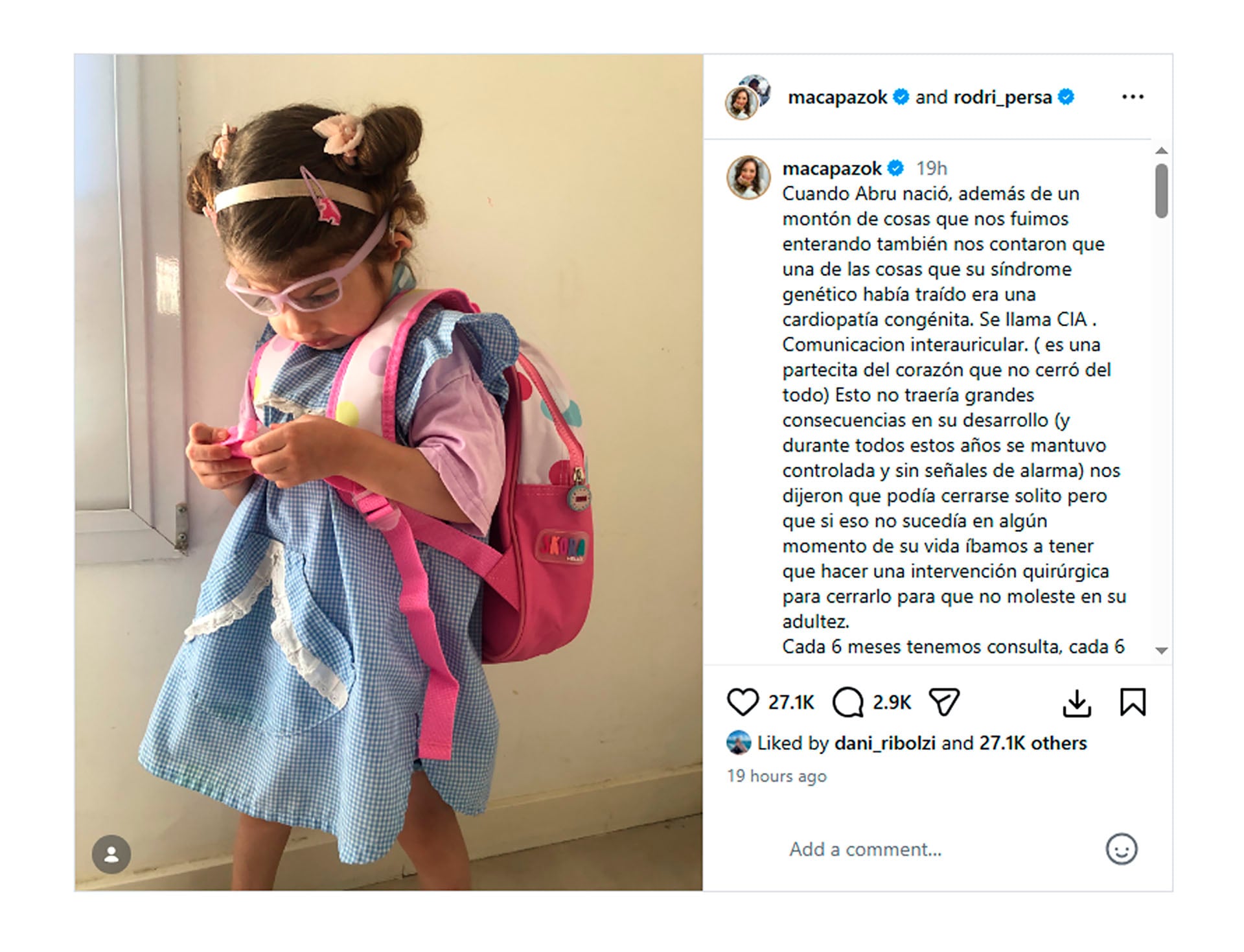 La actriz Macarena Paz difundió un mensaje en redes sociales junto a una fotografía de su hija para referirse a la cardiopatía congénita que padece la niña