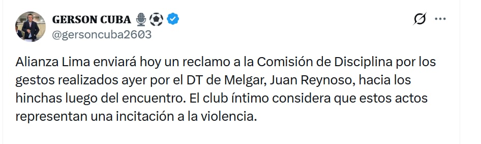 Alianza Lima presentará reclamo contra Juan Reynoso.