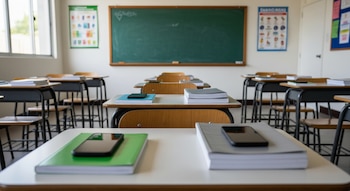 Filas de pupitres escolares con cuadernos, libros y teléfonos celulares apagados. Al fondo, una pizarra verde, carteles educativos y ventanas.
