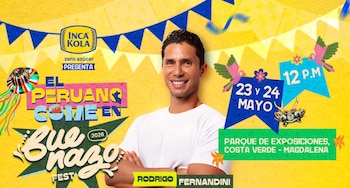Poster promocional del Buenazo Fest 2. Rodrigo Fernandini sonríe al centro, rodeado de texto del evento, fechas 23 y 24 de mayo y ubicación