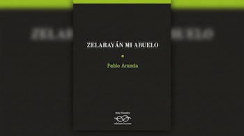 Libro "ZELARAYÁN MI ABUELO" de Pablo Aranda centrado sobre un fondo desenfocado y extendido que replica su diseño oscuro con franja verde.