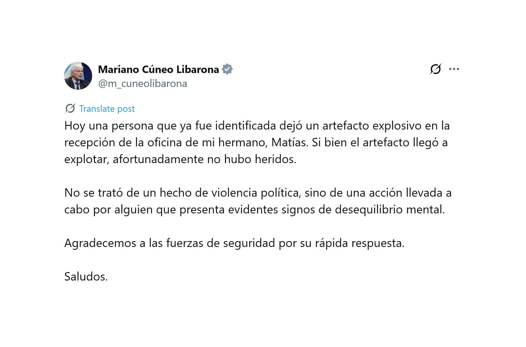 El ataque con explosivo en la oficina de la familia Cúneo Libarona no dejó heridos, según confirmó el ministro de Justicia