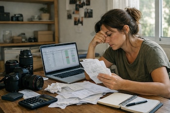 Una mujer con cabello recogido y camiseta verde, sentada en una mesa de madera, mira un montón de facturas en papel mientras tiene la mano en la frente, con un portátil, cámara y calculadora a su alrededor.