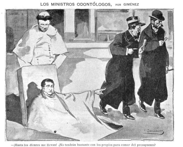 El creador de la bandera, asomándose en su tumba e increpando a los ministros (Revista Caras y Caretas)