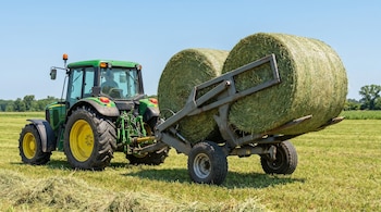 Tractor agrícola verde John Deere en un campo, tirando de un implemento gris tipo pinche doble que transporta dos grandes rollos de heno de color verde amarillento.