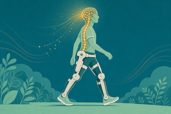 Ilustración de una persona de perfil caminando con un exoesqueleto mecánico en las piernas y conexiones luminosas en la cabeza y la columna.