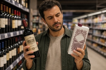 Hombre que sostiene una botella de vidrio con vino Malbec y un envase de cartón blanco frente a estantes de supermercado.