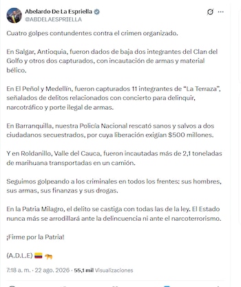 El jefe de Estado aseguró que entre los pilares de su administración está la mano dura a la criminalidad - crédito @ABDELAESPRIELLA/X
