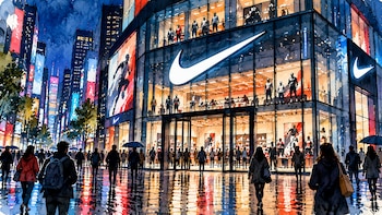 Ilustración de una tienda de Nike iluminada con fachada de cristal, un logotipo blanco y peatones caminando sobre la acera mojada