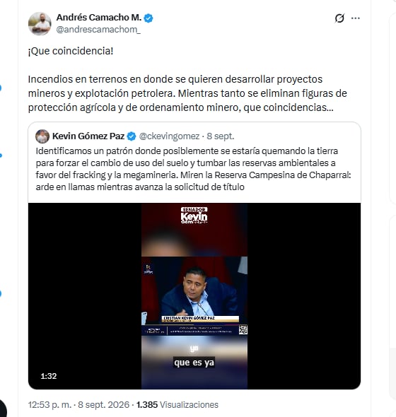 El exministro Andrés Camacho se refirió a denuncia sobre presunta quema indiscriminada de tierras para adquirir títulos mineros - crédito @andrescamachom_/X