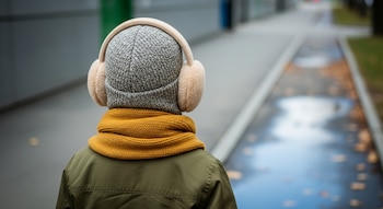 Persona de espaldas con gorro gris, orejeras beige, bufanda mostaza y campera oliva, camina en vereda con charcos, hojas secas y fondo urbano desenfocado.