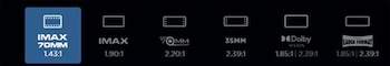 Infografía en fondo negro. Seis columnas. La primera en azul: IMAX 70MM 1.43:1. Las otras cinco en gris: IMAX, 70MM, 35MM, Dolby Vision, Large Format con sus proporciones