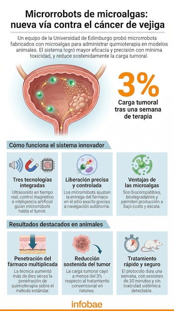 Infografía: título, texto, ilustración de una vejiga con tumor y microrrobots. Incluye iconos de tecnologías, una microalga y diagramas de resultados en ratones.