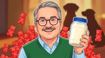 Ilustración de Pedro Sola sonriendo, con lentes y bigote, sosteniendo un tarro de mayonesa con tapa azul, rodeado de dulces panditas rojos y siluetas de dos perros.