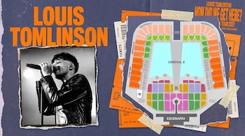 Collage promocional con una imagen en blanco y negro de Louis Tomlinson en un concierto, letras naranjas y un mapa de asientos del Estadio GNP.